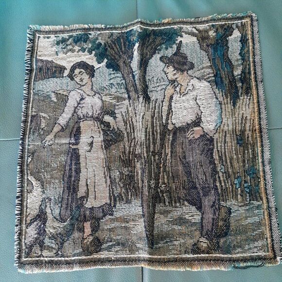 VTG French Needlepoint Tapestry Pillow Fabric Courting Couple Farm Country 12x12 - Picture 2 of 7